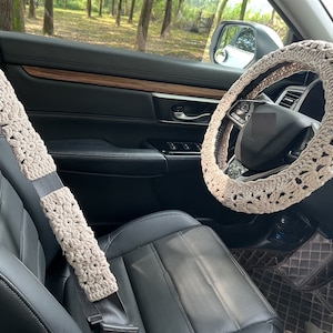 Car Steering Wheel Cover,Handmade Crochet Steering Wheel Cover,Flower seat belt Cover,Cute Steering Wheel Cover,Car Accessories,khaki