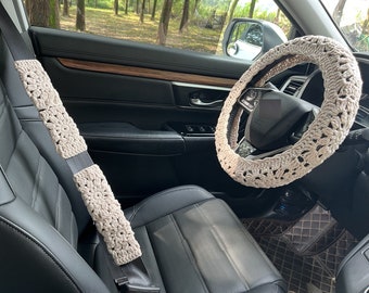 Handgemaakte gehaakte autostuurhoes: kaki bloemen auto-accessoires