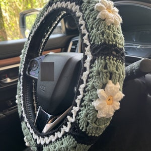 Handmade Crochet 3D Daisy Steering Wheel Covers Universal 14-15 inch for Women and Men,Seat Belt Cover,Car interior Accessories decorations