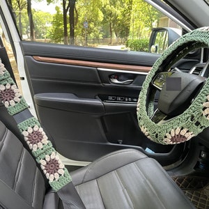 Steering Wheel Cover,Crochet Sunflower Steering Wheel Cover,Seat Belt Cover,Cute Steering Wheel Cover ,Crochet car accessories