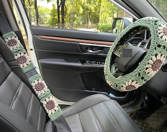 Steering Wheel Cover,Crochet Sunflower Steering Wheel Cover,Seat Belt Cover,Cute Steering Wheel Cover ,Crochet car accessories