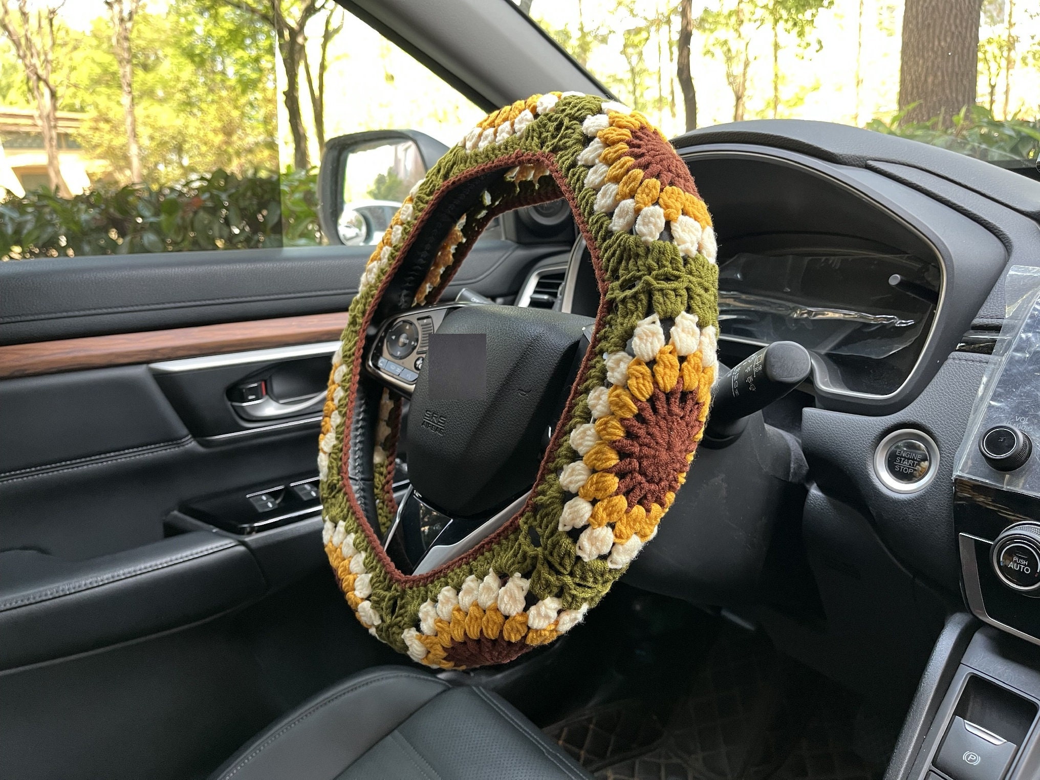 Sonnenblumen Auto Steuerrad Hülle,Gehäkelte Steuerrad Hülle,Blumen Gurthülle,Süße Steuerrad Hülle,Auto Zubehör
