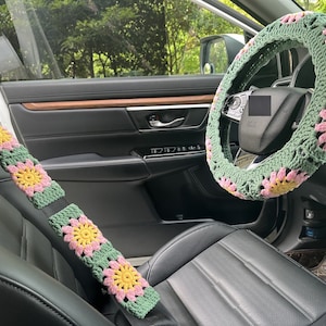 Zonnebloem stuurhoes auto, gehaakte stuurhoes, hoes veiligheidsgordel bloemen, leuke stuurhoes, auto-accessoires