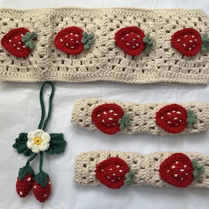 Crochet Strawberry Car Steering Wheel Cover,Strawberry Flower seat belt Cover,Car mirror dangler,Car Coasters,Women car accessories
