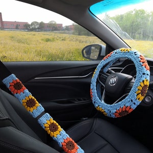Car Steering Wheel Cover,Crochet Sunflower Steering Wheel Cover For Women,Sunflower Seat Belt Cover,Jeep Steering Wheel Cover,Gift for her
