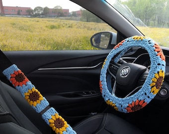 Crochet Sunflower Steering Wheel Cover & Seat Belt Cover Set