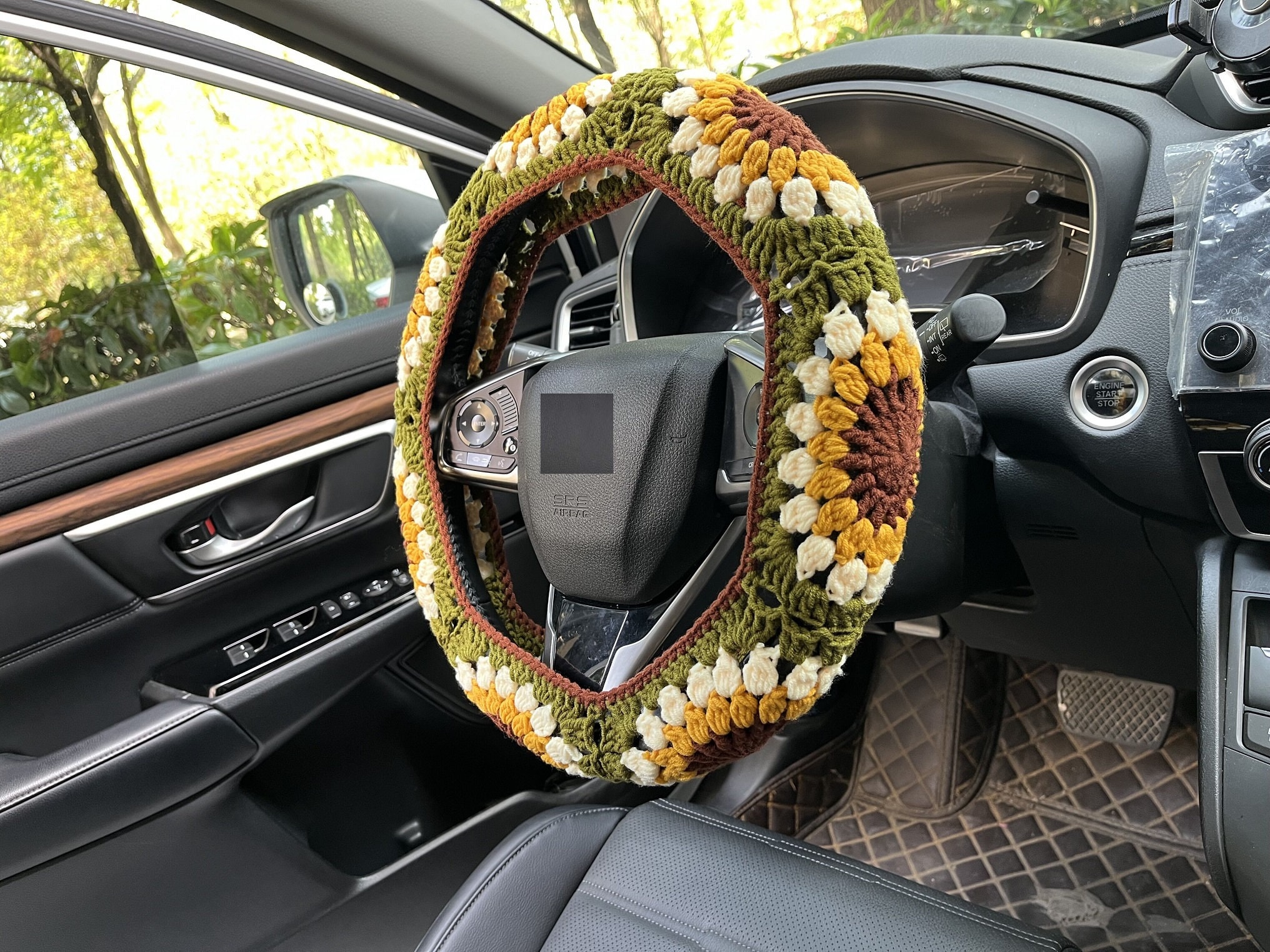 Sonnenblumen Auto Steuerrad Hülle,Gehäkelte Steuerrad Hülle,Blumen Gurthülle,Süße Steuerrad Hülle,Auto Zubehör
