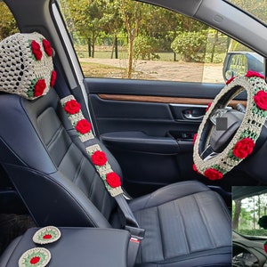 Car Steering Wheel Cover,Crochet Roses Flower Steering Wheel Cover For Women,Roses Flower seatbelt cover,Car Flower headrest cover