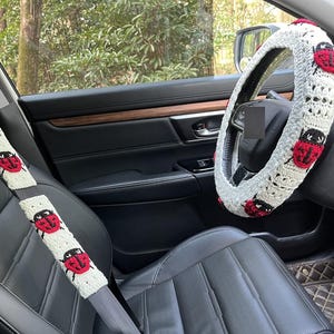 Crochet Ladybug Car Accessories: Steering Wheel Cover & Seatbelt Covers