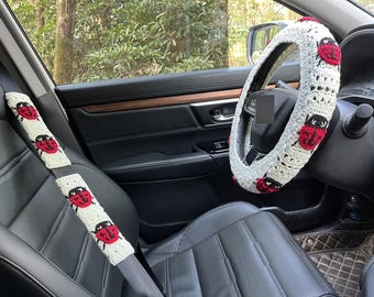 Crochet Ladybug Car Accessories: Steering Wheel Cover & Seatbelt Covers