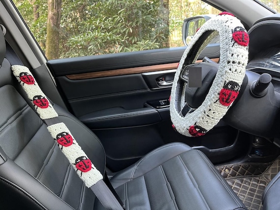 Crochet Ladybug Car Accessories: Steering Wheel Cover & Seatbelt Covers