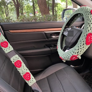 Aardbei auto stuurhoes, handgemaakte gehaakte groene stuurhoes, haak schattige aardbei veiligheidsgordel hoes, auto-accessoires