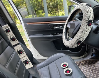 Black Spider Car Steering Wheel Cover,Crochet Steering Wheel Cover,Black Spider seat belt Cover,Cute Steering Wheel Cover,Car Accessories