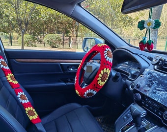 Crochet Sunflower car steering wheel cover,Steering Wheel Cover For Women,Crochet Car Accessories,Cute Steering Wheel Cover