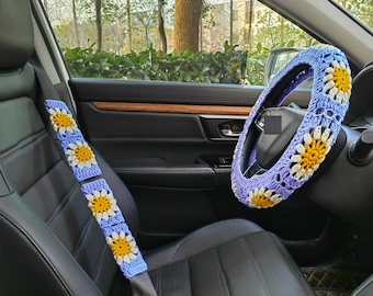 Crochet Steering Wheel Cover for women,Sunflower Crochet Seat Belt Cover, Steering Wheel Cover crochet,Car interior Accessories decorations