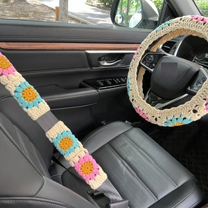 Sunflower Car Steering Wheel Cover,Crochet Steering Wheel Cover,Flower seat belt Cover,Cute Steering Wheel Cover,Car Accessories