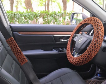 Crochet Steering Wheel Cover, Solid Color Steering Wheel Cover,Crochet Seat Belt Cover, Brown Steering Wheel Cover,Crochet gift for car