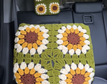 Handmade Crochet Sunflower Car Headrest Cover: Colorful Car Decor