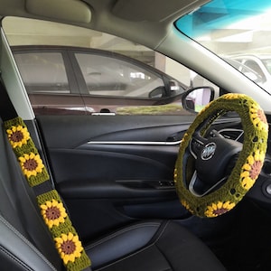 Handmade Crochet Sunflower Car Accessories: Steering Wheel Cover & Seat Belt Cover