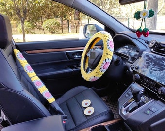Car Steering Wheel Cover,crochet Sunflower Steering Wheel Cover for women,cute flower seat belt Cover,Car interior Accessories decorations