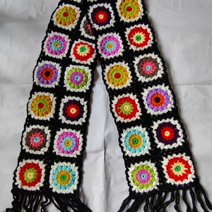 granny square scarf, crochet scarf, womans colorful muffler with fringe, handknit long scarf, vintage style colorful scarf