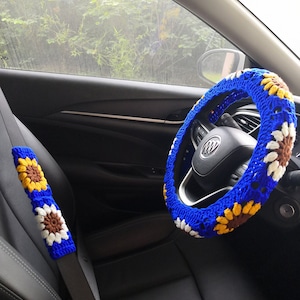 Sunflower Crochet Steering Wheel Cover,Steering Wheel Cover,Crochet Seat Belt Cover,Steering Wheel Cover For Women,Crochet car accessories