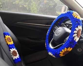 Sunflower Crochet Steering Wheel Cover,Steering Wheel Cover,Crochet Seat Belt Cover,Steering Wheel Cover For Women,Crochet car accessories