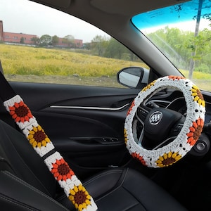 Steering Wheel Cover,Crochet Sunflower Steering Wheel Cover For Women,Car Steering Wheel Cover,Steering Wheel Cover and Seat Belt Cover