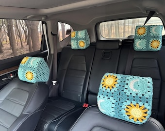 Handmade Crochet Car Headrest Cover: Sun & Moon Decor