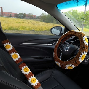 Crochet Steering Wheel Cover For Car,Boho Steering Wheel Cover Set with Seat Belt Cover,Hand Crocheted Steering Wheel Cover For Women