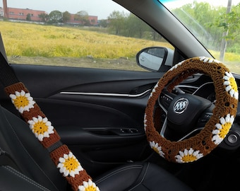 Handmade Crochet Sunflower Steering Wheel Cover Set: Boho Car Accessories