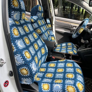 Coprisedili per auto, Coprisedili Sun Moon Girasole fatti a mano all'uncinetto, Copri poggiatesta per sedili anteriori auto, Copri volante all'uncinetto, Copri cintura di sicurezza