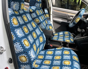 Handmade Crochet Car Seat Cover Set: Sun, Moon, Sunflower Design