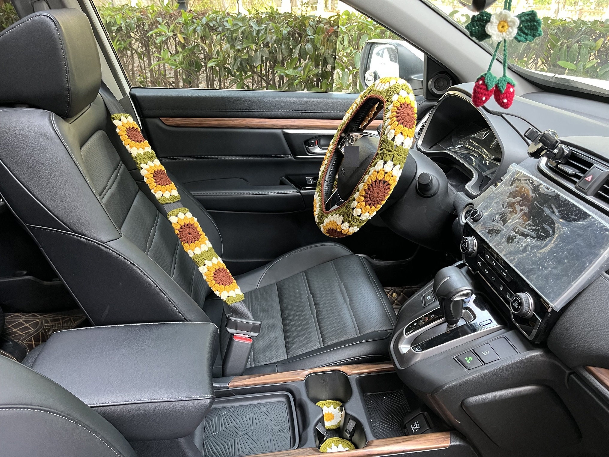 Sonnenblumen Auto Steuerrad Hülle,Gehäkelte Steuerrad Hülle,Blumen Gurthülle,Süße Steuerrad Hülle,Auto Zubehör