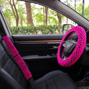 Steering Wheel Cover,Crochet Steering Wheel Cover,Hot Pink Steering Wheel Cover For Women,Seatbelt cover,Cute Flower Steering Wheel Cover