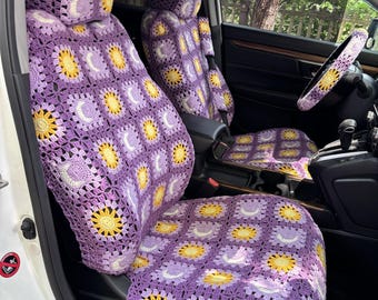 Juego de fundas de asiento de coche de ganchillo hechas a mano: Sol, Luna, Decoración interior del coche