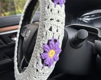 Funda para volante, funda universal para volante de margaritas de ganchillo de 14 a 15 pulgadas, bonita funda para cinturón de seguridad, accesorios decorativos para el interior del coche.