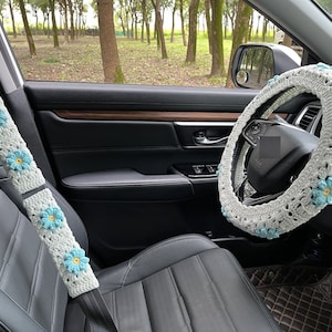 Autostuurhoes, gehaakte stuurhoes voor dames, schattige madeliefjebloem veiligheidsgordelhoes, auto-interieuraccessoires decoraties