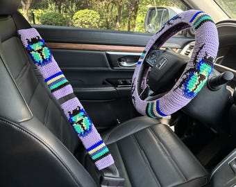 Handmade Crochet Colorful Beetles Car Steering Wheel Cover & Seatbelt Cover Set