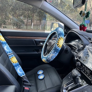 Sun and Moon Car Steering Wheel Cover,Crochet Flower seat belt Cover,Car mirror dangler,Car Coasters,Women car accessories