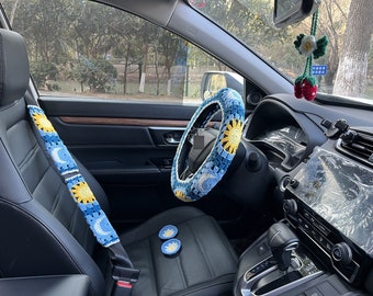 Sun and Moon Car Steering Wheel Cover,Crochet Flower seat belt Cover,Car mirror dangler,Car Coasters,Women car accessories