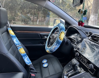 Sonne und Mond Auto Lenkrad Abdeckung, Gehäkelte Blumen Sicherheitsgurt Abdeckung, Auto Spiegel Anhänger, Auto Untersetzer, Frauen Auto Zubehör