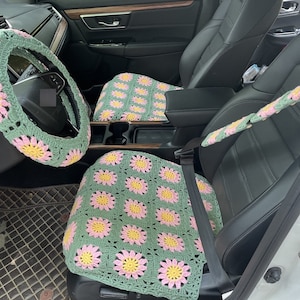 Cubierta de asiento de coche de girasol de ganchillo hecha a mano Funda de cojín de asiento inferior delantero, vehículos de ajuste universal Sedanes SUVS Furgonetas, Decoraciones interiores de automóviles