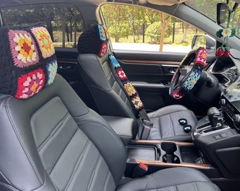 Granny Square Crochet Car Accessory Set: Headrest, Steering Wheel & Seat Belt Cover