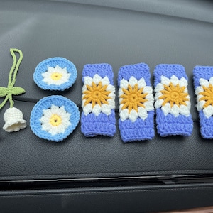 Cubierta del cinturón de seguridad del coche, cubierta del cinturón de seguridad de la flor del girasol del ganchillo, colgante del espejo del coche, decoraciones de los accesorios del interior del coche