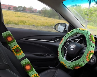 Crochet Steering Wheel Cover For Women,Car Steering Wheel Cover,Steering Wheel Cover and Seat Belt Cover,Steering Wheel Cover,Gift For Her