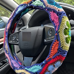 Car Steering Wheel Cover,Crochet Galsang Flower Steering Wheel Cover,Cute Steering Wheel Cover Denim Blue,Car interior decorations
