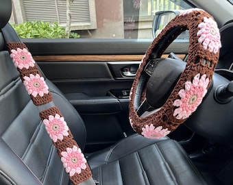 Handmade Crochet Sunflower Car Accessories: Steering Wheel Cover & Seatbelt Cover