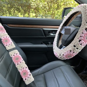 Crochet Steering Wheel Cover,Sunflower Crochet Seat Belt Cover,Cute Steering Wheel Cover,Women car accessories,Crochet car accessories