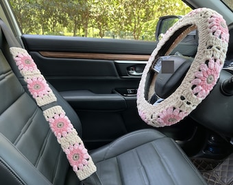 Handmade Crochet Sunflower Car Accessories: Steering Wheel Cover & Seatbelt Cover